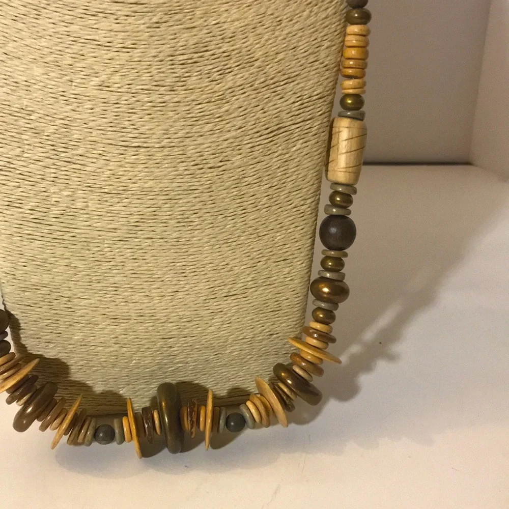 Necklace beaded wood metal cream brown vintage boho neutral tribal summer